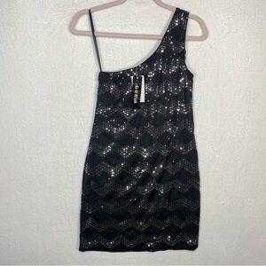 NWT Womens Size Medium Sparkly Black Sequin One Shoulder Mini Dress